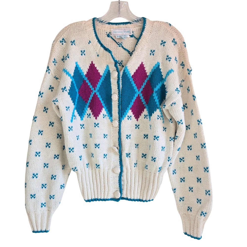 Michelle Stuart Medium Cardigan Womens White Argyle Excellent Hand Knit‎ Ramie - Picture 2 of 7
